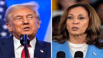 This combination photo shows Republican presidential nominee former President Donald Trump at an event, August 15, 2024, in Bedminster, N.J., left, and Democratic presidential nominee Vice President Kamala Harris at a campaign event in Raleigh, N.C., August 16, 2024. AP