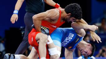 India's Aman Sehrawat in action during the Paris Olympics men's 57kg wrestling event. Reuters