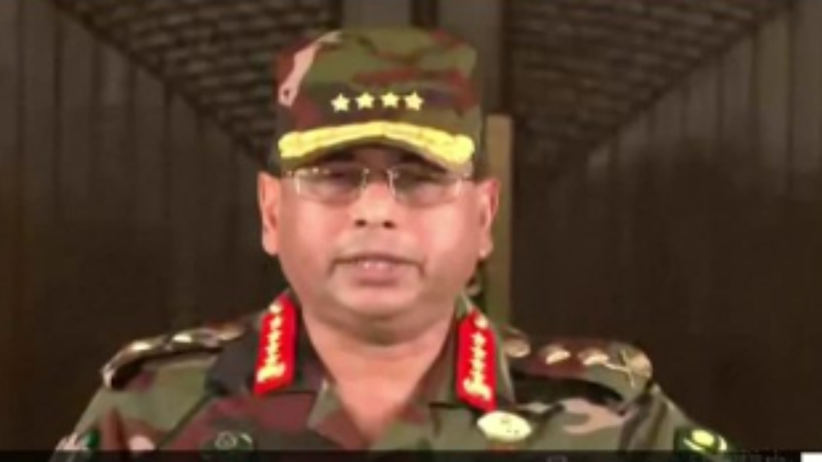 Bangladesh Army Chief Waker-Uz-Zaman addresses the nation on Monday. ANI Bangladesh Army Chief Waker-Uz-Zaman addresses the nation on Monday. ANI