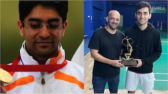 Abhinav Bindra (L) and Viren Rasquinha with Lakshya Sen (R) in file photos.