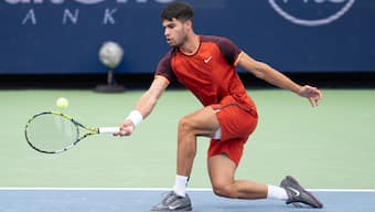 Carlos Alcaraz returns a shot during his match against Gael Monfils at the Cincinnati Open. Image: USA TODAY Sports/Reuters