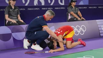 Carolina Marin suffered an injury during her women's singles semi-final against China's He Bingjiao during the Paris Olympics. AP