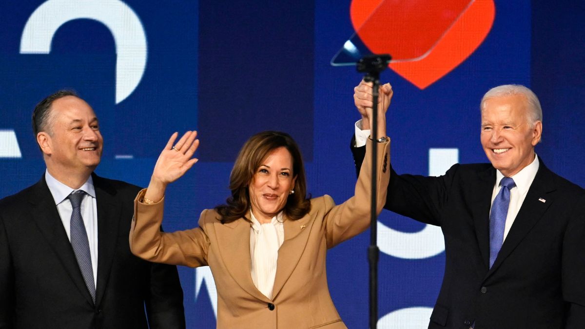 US President Joe Biden, Democratic presidential candidate and US Vice President Kamala Harris and Second Gentleman Doug Emhoff stand on stage during Day one of the Democratic National Convention (DNC) in Chicago, Illinois, US, August 19, 2024. Reuters US President Joe Biden, Democratic presidential candidate and US Vice President Kamala Harris and Second Gentleman Doug Emhoff stand on stage during Day one of the Democratic National Convention (DNC) in Chicago, Illinois, US, August 19, 2024. Reuters