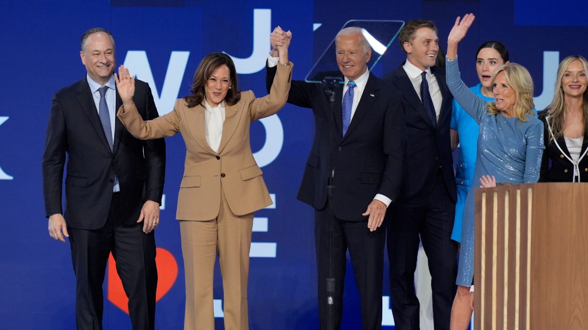 Democratic presidential nominee US Vice President Kamala Harris and US President Joe Biden on stage with second gentleman Doug Emhoff, left, and first lady Jill Biden, right, during the Democratic National Convention, August 19, 2024, in Chicago, US. AP