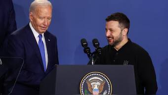 Ukraine's President Volodymyr Zelenskiy and US President Joe Biden attend a Ukraine Compact meeting, on the sidelines of the NATO's 75th anniversary summit in Washington, US. File image/Reuters
