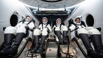 This photo provided by SpaceX shows, from left, Russian Aleksandr Gorbunov, and NASA's Nick Hague, Zena Cardman and Stephanie Wilson at SpaceX headquarters in Hawthorne, Calif., on May 6, 2024. (SpaceX via AP)

