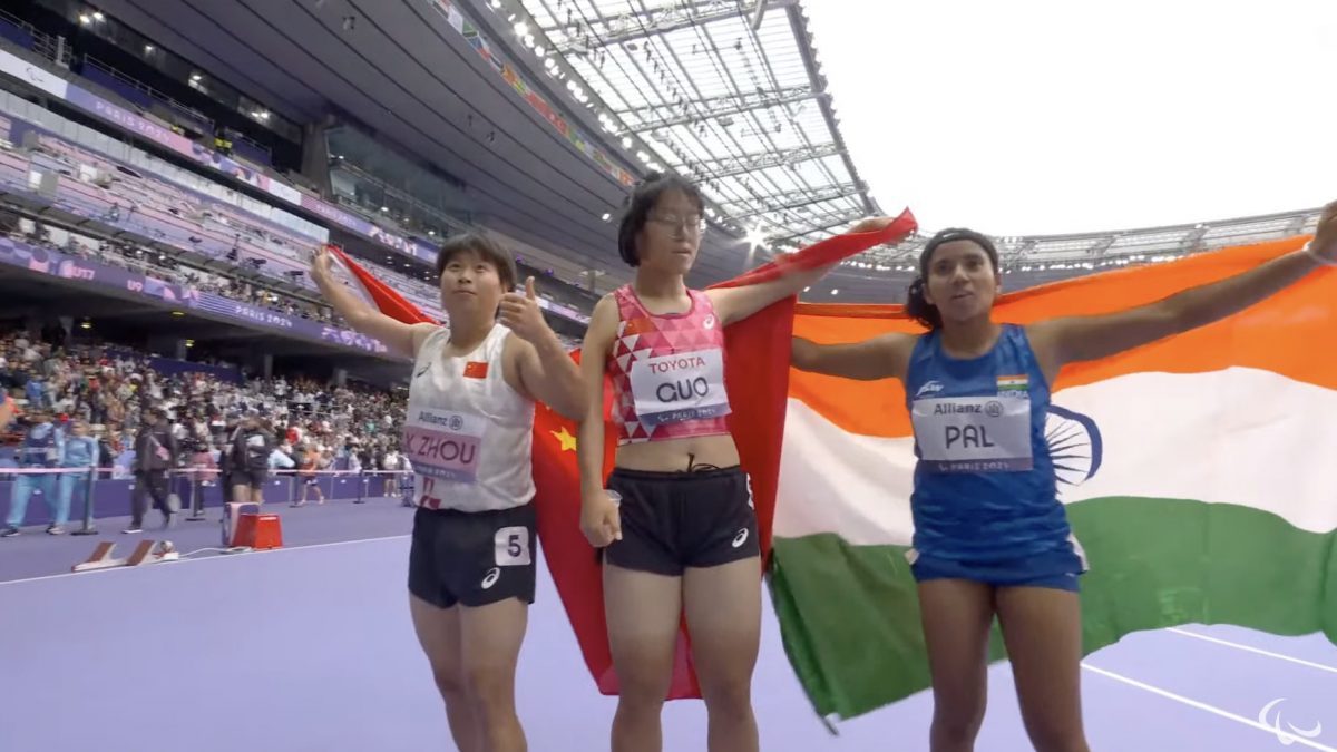 Preethi Pal celebrates after winnning the bronze medal in womn's 100m T35 race.  Preethi Pal celebrates after winnning the bronze medal in womn's 100m T35 race.