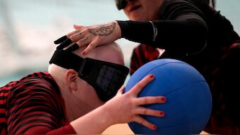 An image from Women's preliminary round Goalball game between Canada and France at the 2024 Paralympics. AP