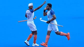 India captain Harmanpreet Singh celebrates after scoring his second goal, successfully converting a penalty stroke, during the Paris Olympics men's hockey Pool B clash against Australia. AP