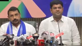 Dushyant Chautala with Chandrashekhar Azad during a press conference on Tuesday. ANI 