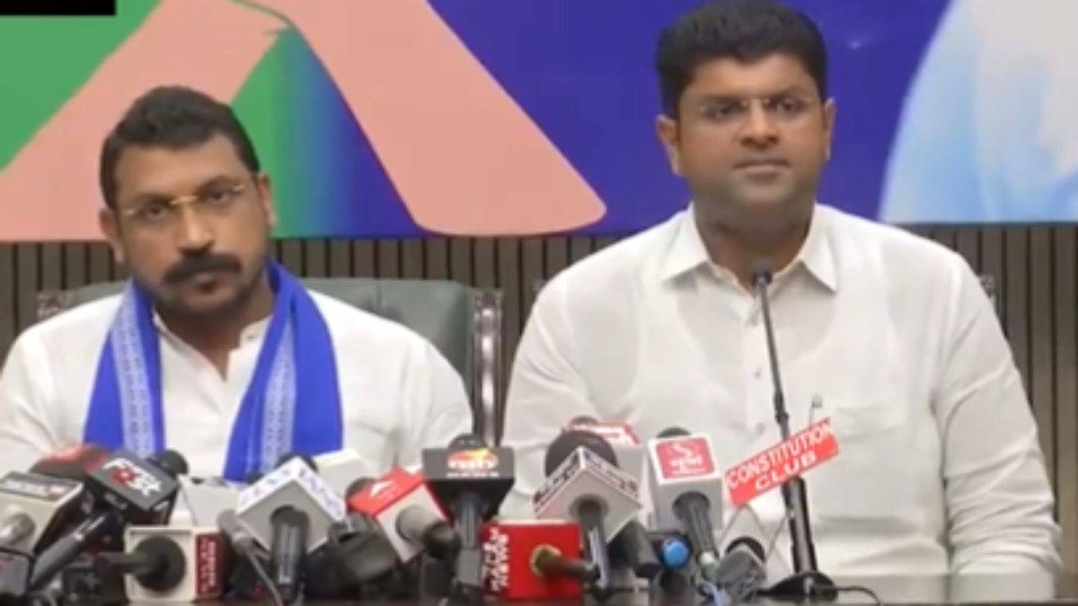 Dushyant Chautala with Chandrashekhar Azad during a press conference on Tuesday. ANI Dushyant Chautala with Chandrashekhar Azad during a press conference on Tuesday. ANI