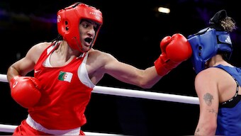 Imane Khelif of Algeria in action with Anna Luca Hamori of Hungary at the Paris Olympics. Reuters