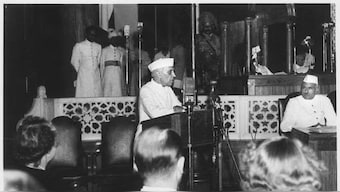 Jawaharlal Nehru addresses the midnight session of the Constituent Assembly of India in New Delhi on August 15, 1947. Image  Courtesy: X post