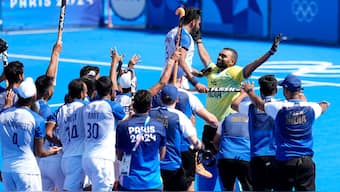 The Indian players celebrate after defeating Spain 2-1 to win men's hockey bronze in the 2024 Paris Olympics. AP