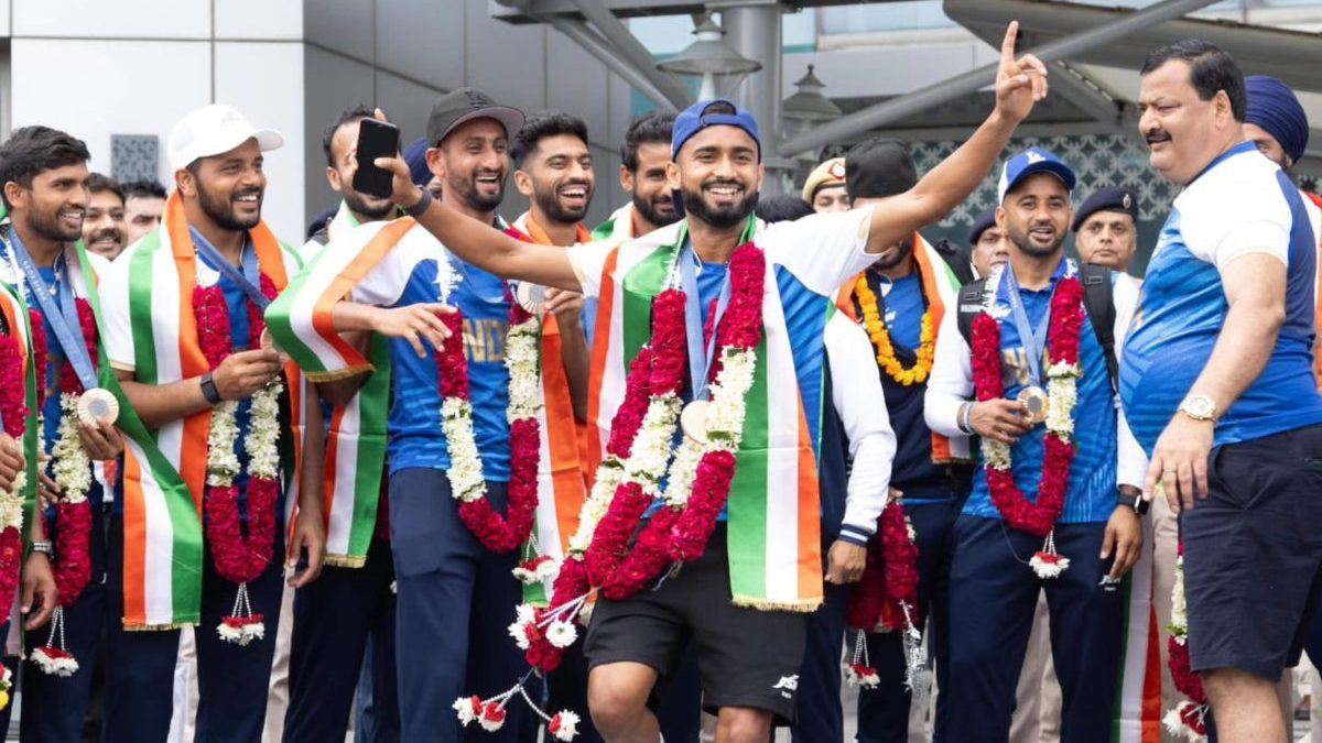 Indian men's hockey team returned to India after winning bronze at Paris Olympics 2024. Hockey India image Indian men's hockey team returned to India after winning bronze at Paris Olympics 2024. Hockey India image