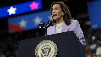 Democratic presidential nominee Kamala Harris speaks at a campaign rally on August 10, 2024. Source: AP.