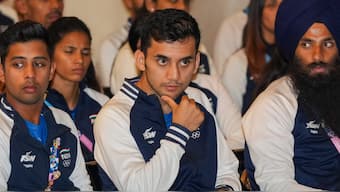 Indian badminton star Lakshya Sen attends an event for the Indian contingent returning from the Paris Olympics in New Delhi. PTI
