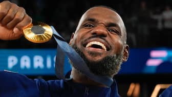 LeBron James celebrates after beating France to win the gold medal during a men's gold medal basketball game at the Paris Olympics. AP