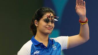 Manu Bhaker during the women's 25m pistol final in shooting at the 2024 Paris Olympics. AP