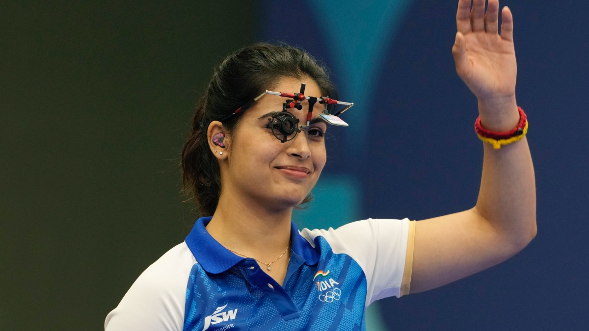 Manu Bhaker during the women's 25m pistol final in shooting at the 2024 Paris Olympics. AP Manu Bhaker during the women's 25m pistol final in shooting at the 2024 Paris Olympics. AP