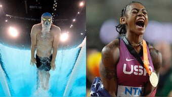 Leon Marchand (L) and Sha'Carri Richardson (R) will be in action on the seventh day of the Paris Olympics. AP