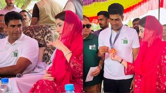 Pakistan Chief Minister Maryam Nawaz with Olympics gold medallist Arshad Nadeem.. Images: Maryam Nawaz on X