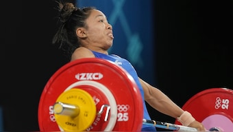 Mirabai Chanu competes during the women's 49kg weightlifting event at the 2024 Summer Olympics. AP