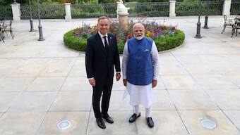 Prime Minister Narendra Modi with Poland President President Andrzej in Warsaw on Thursday. Image Courtesy: @narendramodi
