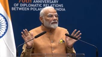 Prime Minister Narendra Modi addresses the Indian diaspora in Warsaw, Poland, on Wednesday. ANI