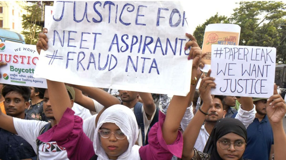 Students in Kolkata stage a protest against the alleged irregularities in NEET-UG 2024 exam. Source: ANI. Students in Kolkata stage a protest against the alleged irregularities in NEET-UG 2024 exam. Source: ANI.
