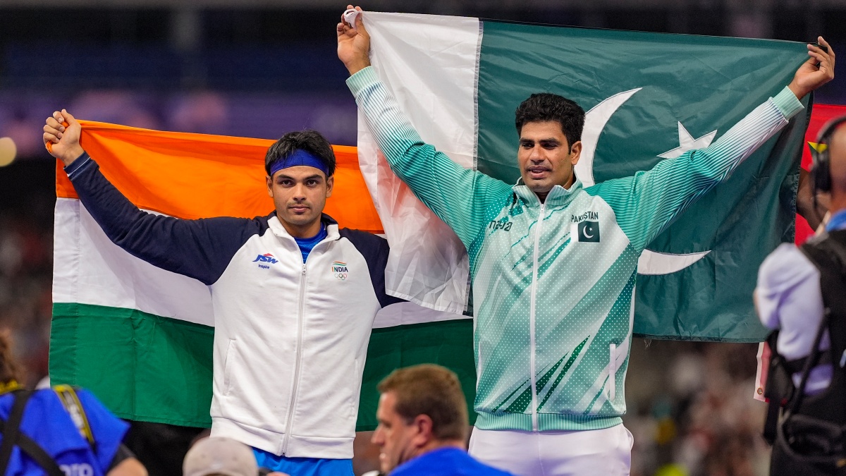 India's Neeraj Chopra (L) and Pakistan's Arshad Nadeem (R) after the men's javelin throw final at Paris Olympics. PTI India's Neeraj Chopra (L) and Pakistan's Arshad Nadeem (R) after the men's javelin throw final at Paris Olympics. PTI