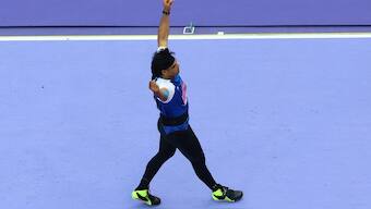 Neeraj Chopra reacts after his big throw in men's javelin throw qualification at the Paris Olympics. Reuters