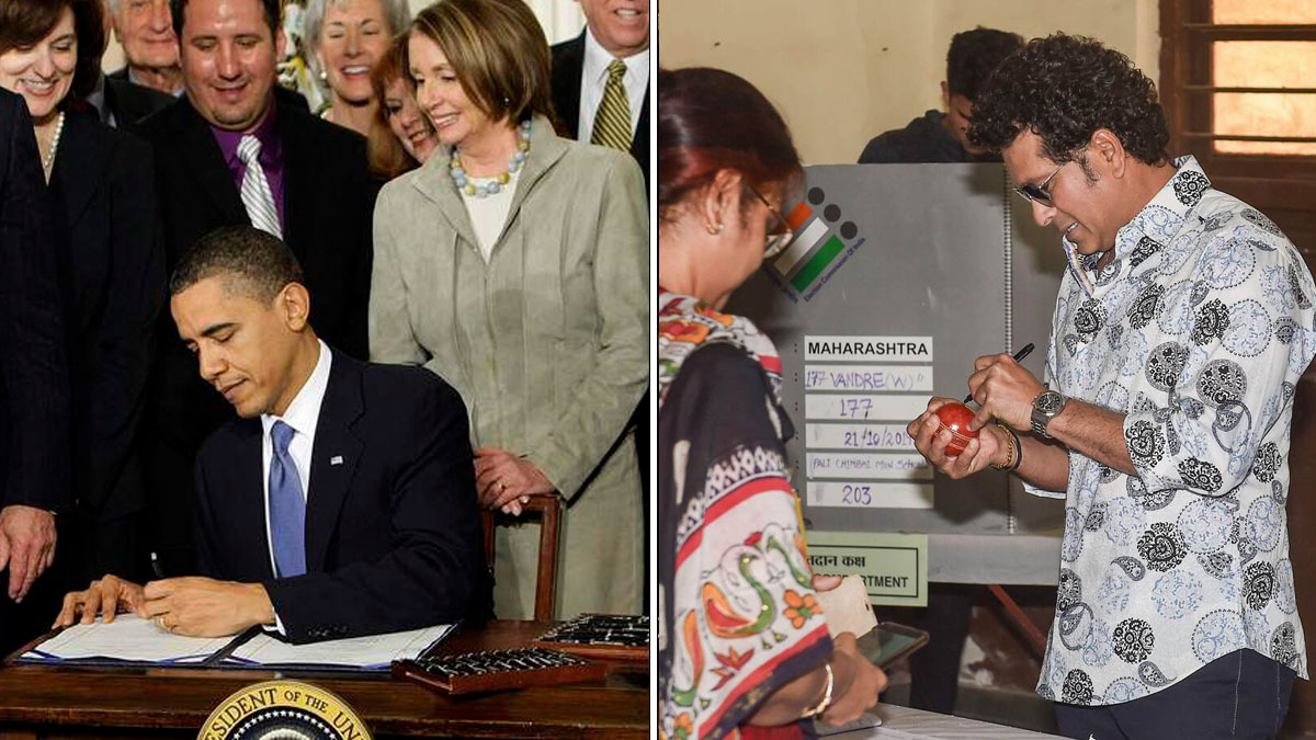 (L-R) Former US president Barrack Obama and retired Indian cricketer Sachin Tendulkar both use their lefthand to write (L-R) Former US president Barrack Obama and retired Indian cricketer Sachin Tendulkar both use their lefthand to write