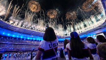 Athletes from the United States watch as the Paris Olympics Closing Ceremony concludes with a spectacular display of fireworks at Stade de France. AP