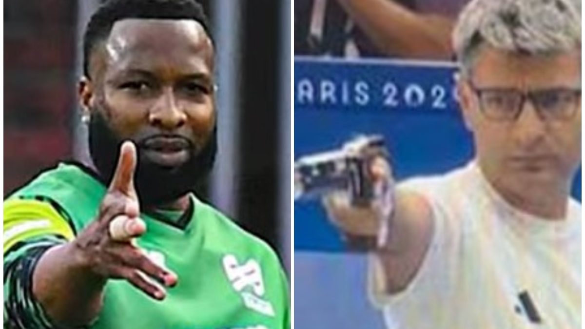 Kieron Pollard, Akeal Hosein copy Turkish shooter Yusuf Dikec's iconic gunpoint pose Kieron Pollard, Akeal Hosein copy Turkish shooter Yusuf Dikec's iconic gunpoint pose