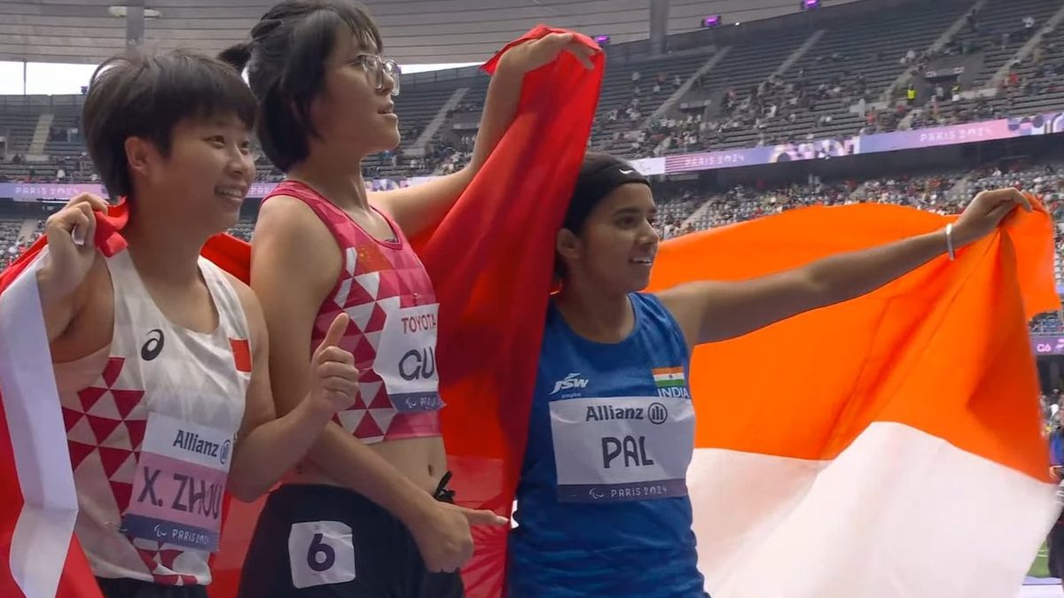 Preethi Pal (R) celebrates after winning bronze in 100m T35 race at 2024 Paris Paralympics. Preethi Pal (R) celebrates after winning bronze in 100m T35 race at 2024 Paris Paralympics.