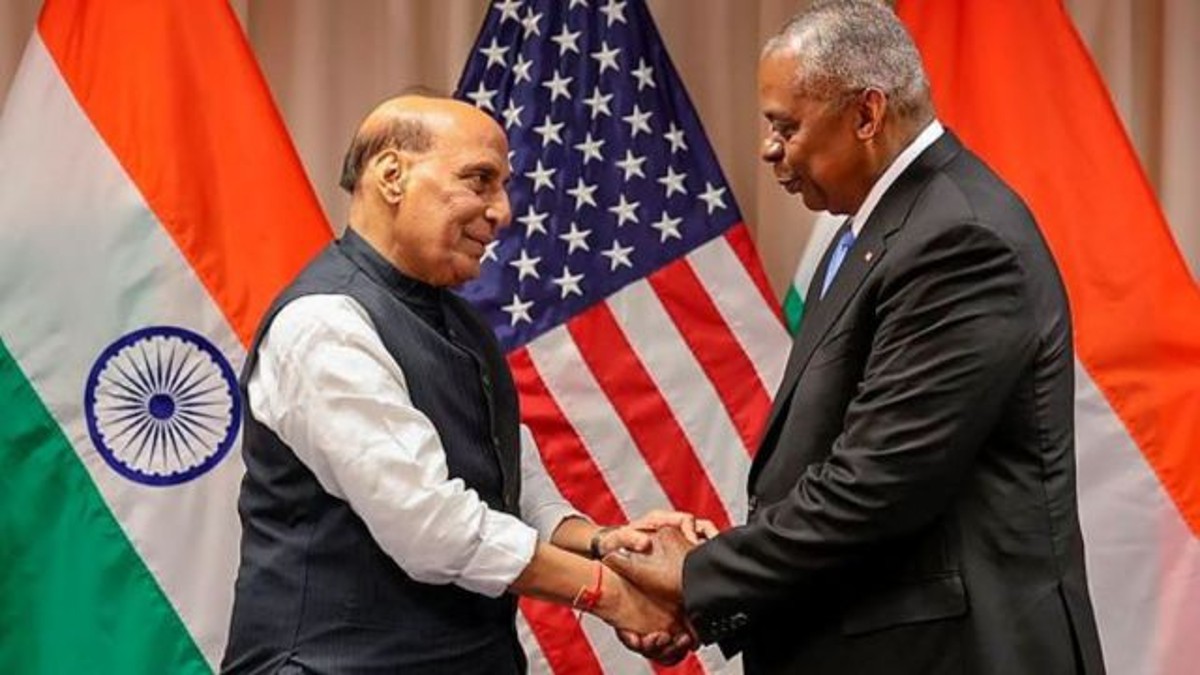 Indian Defence Minister Rajnath Singh with US Defence Secretary Lloyd Austin in Washington on Friday. Image: PTI Indian Defence Minister Rajnath Singh with US Defence Secretary Lloyd Austin in Washington on Friday. Image: PTI