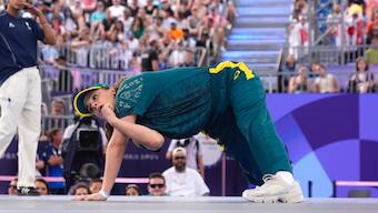Australia's Rachael Gunn, known as B-Girl Raygun, competes during the Round Robin Battle at the breaking competition at La Concorde Urban Park at the 2024 Paris Olympics. AP