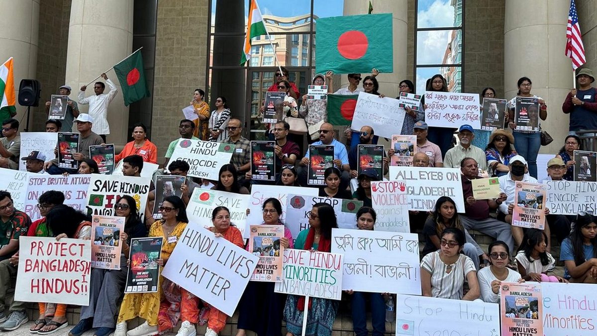 The “Save Hindus in Bangladesh” rally was organised by the Global Voice for Bangladesh Minorities. PTI The “Save Hindus in Bangladesh” rally was organised by the Global Voice for Bangladesh Minorities. PTI