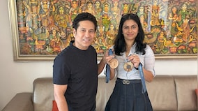 Double Olympic medallist Manu Bhaker meets cricket legend Sachin Tendulkar; see pictures