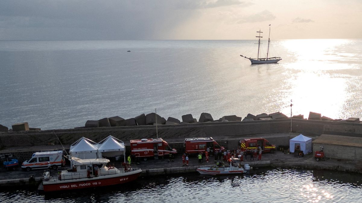 A drone view shows emergency and rescue service vehicles and personnel at a port near the site where a luxury yacht sank, in Porticello, near the Sicilian city of Palermo, Italy, August 20, 2024. Reuters A drone view shows emergency and rescue service vehicles and personnel at a port near the site where a luxury yacht sank, in Porticello, near the Sicilian city of Palermo, Italy, August 20, 2024. Reuters
