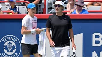 Jannik Sinner (left) with coach Darren Cahill (R) during practice in Montreal. Image: USA TODAY Sports/Reuters