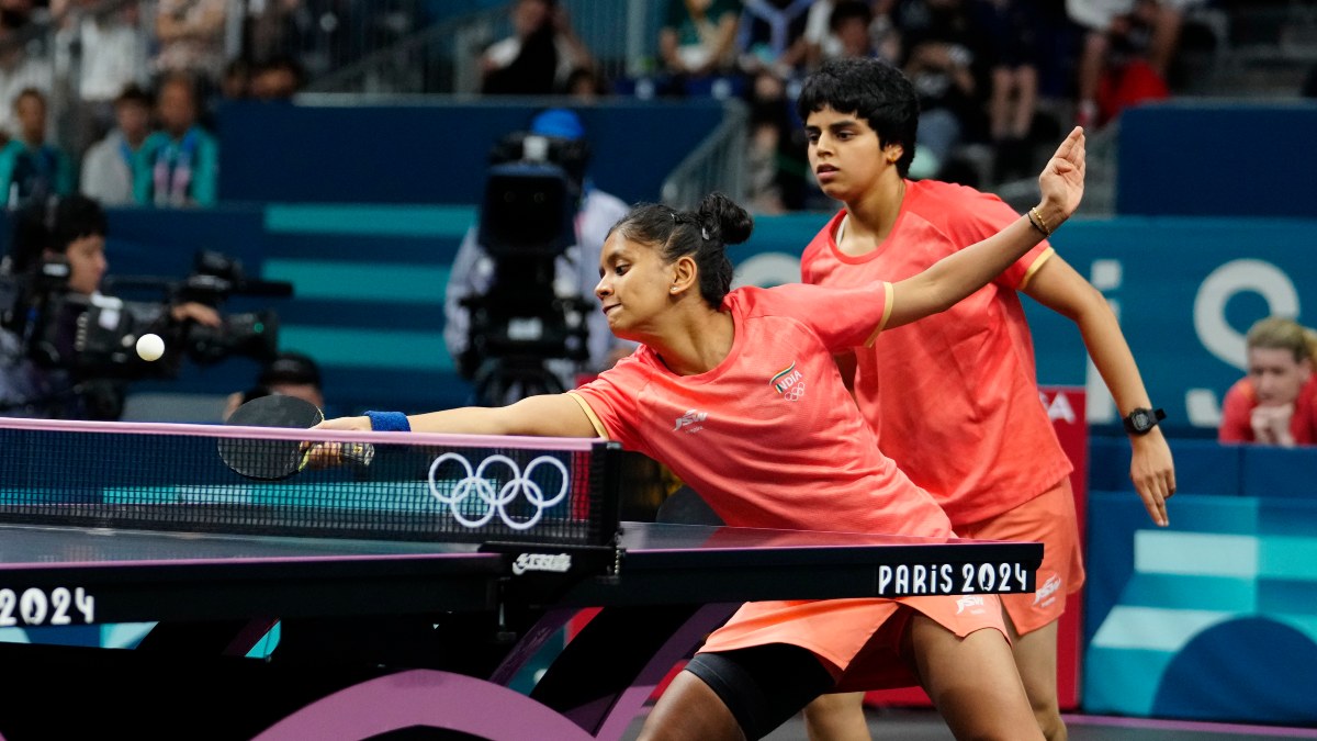 India's Sreeja Akula and Archana Kamath during the doubles fixture in the table tennis women's team quarter-final against Germany in the Paris Olympics. AP India's Sreeja Akula and Archana Kamath during the doubles fixture in the table tennis women's team quarter-final against Germany in the Paris Olympics. AP