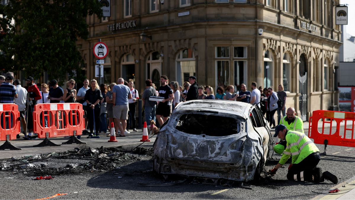 A burnt car is removed after a night of violent anti-immigrant demonstrations, in Sunderland, UK, August 3, 2024. Reuters A burnt car is removed after a night of violent anti-immigrant demonstrations, in Sunderland, UK, August 3, 2024. Reuters