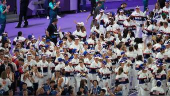 American athletes during the Paris Olympics closing ceremony at Stade de France in Saint-Denis, Paris on Sunday, 12 August. AP