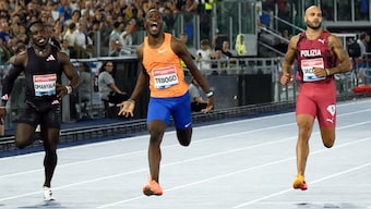 Letsile Tebogo approaches the finish line to win the men's 100m during the Rome Diamond League. AP