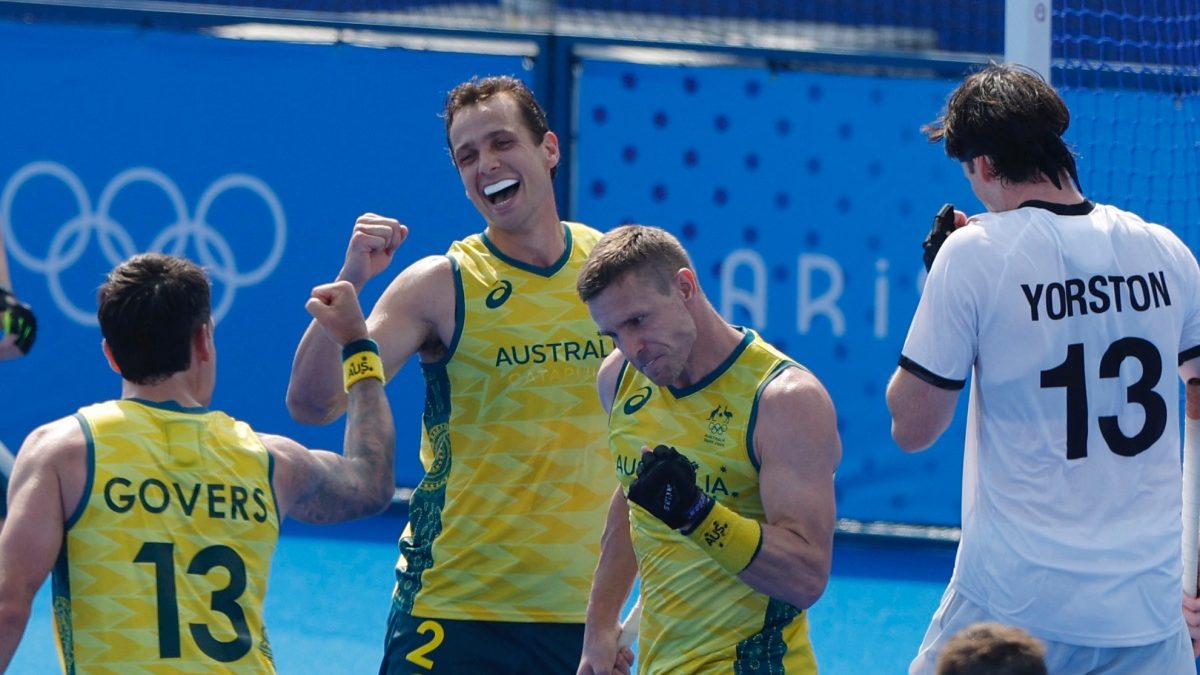 Blake Govers of Australia, Thomas Craig of Australia and Tom Wickham of Australia celebrate a goal at the Paris Olympics. Reuters Blake Govers of Australia, Thomas Craig of Australia and Tom Wickham of Australia celebrate a goal at the Paris Olympics. Reuters