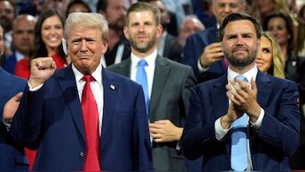 Republican presidential candidate former US President Donald Trump, left, and Republican vice presidential candidate Senator JD Vance, R-Ohio, attend the Republican National Convention, July 15, 2024, in Milwaukee. File Image/AP