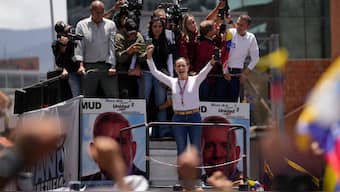 Opposition leader Maria Corina Machado with supporters during a rally in Caracas, Venezuela. (AP Photo/Matias Delacroix)