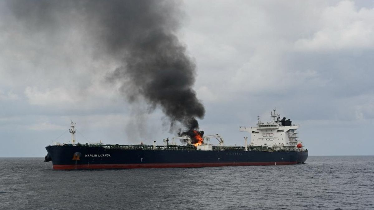 Smoke rises from a merchant vessel, after the vessel was struck by a Houthi anti-ship missile, at the location given as Gulf of Aden, in this handout picture released January 27, 2024. REUTERS/File Photo Smoke rises from a merchant vessel, after the vessel was struck by a Houthi anti-ship missile, at the location given as Gulf of Aden, in this handout picture released January 27, 2024. REUTERS/File Photo